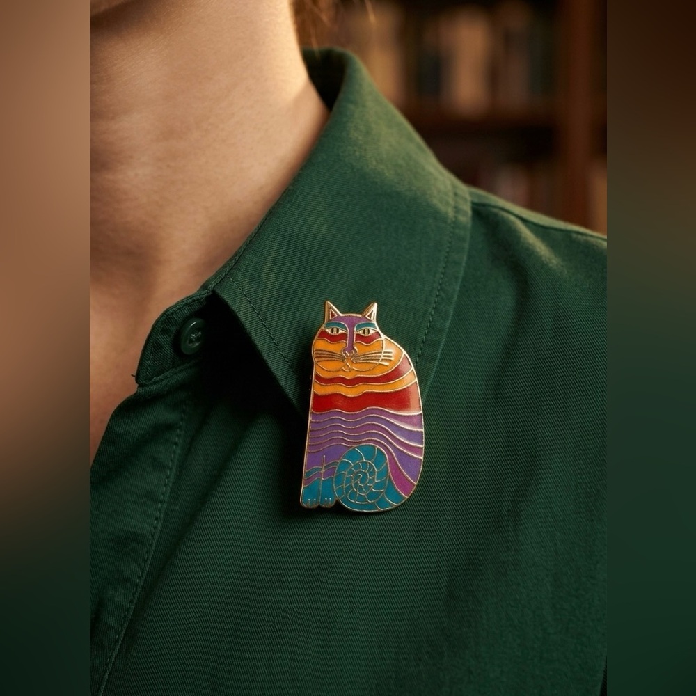 Vintage Laurel Burch Rainbow Cats Colorful Cat Brooch Pin Whimsical Quirky Pride - Picture 2 of 9